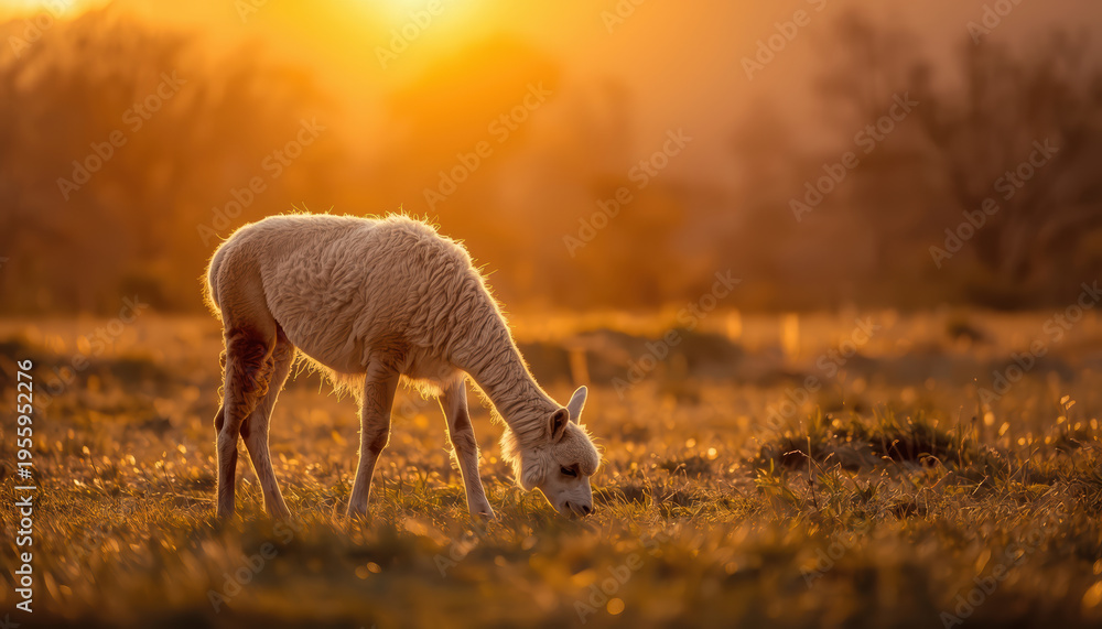 Obraz premium Golden sunrise llama grazing in grassy meadow with soft warm backlight
