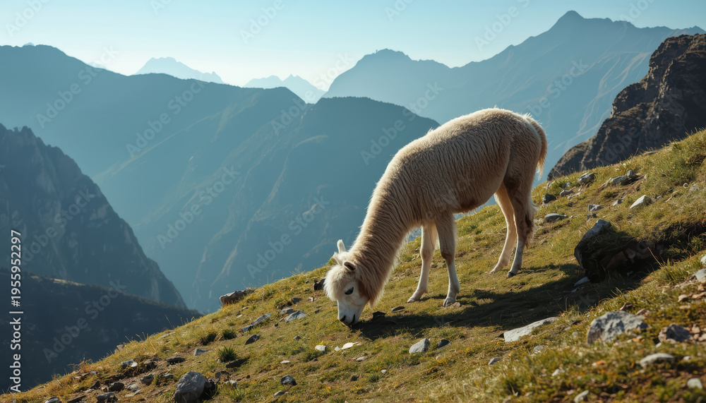 Obraz premium Alpaca grazing on alpine slope with layered mountain ridges and soft morning light