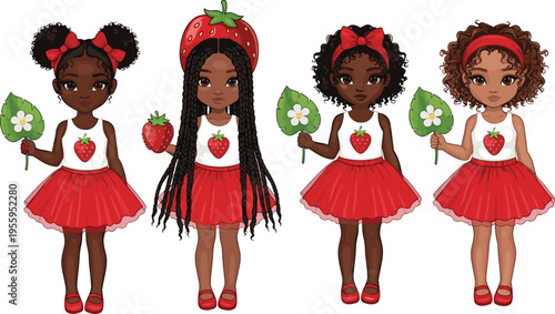 Vector illustration set of four cute diverse girls with brown skin wearing red strawberry outfits and tutus for summer parties children fashion and nursery branding