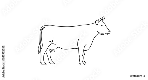 Simple Line Art Illustration of a Dairy Cow Standing Profile View on White Background