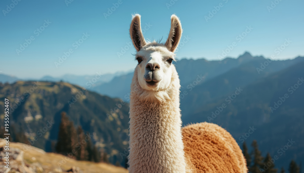 Fototapeta premium Alpaca facing camera in mountain landscape with clear sky and warm light
