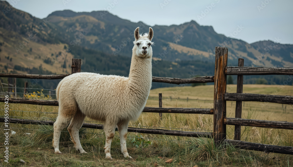 Fototapeta premium White llama standing by rustic wooden fence in grassy mountain pasture with distant peaks