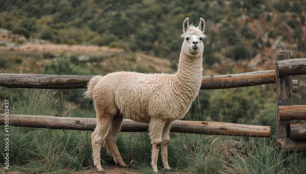 Fototapeta premium White llama standing near rustic wooden fence in rural mountain pasture, calm and curious