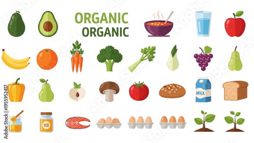 Healthy Organic Food Icon Set, Minimal Vector Line Art, Vegan Nutrition, Avocado, Fresh Carrots, Steaming Soup, Glass of Water, Red Apple, Diet Icons