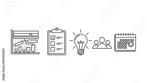 Project Management Icon Set, Minimal Vector Line Art, Business Productivity, Gantt Chart, Checklist, Idea Lightbulb, Teamwork, Calendar, Task Planning