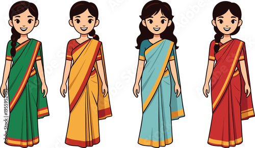 Vector illustration set of four smiling Indian women wearing traditional colorful sarees with elegant drapes for cultural celebrations fashion and South Asian diversity designs