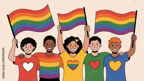 Diverse group of friends celebrating pride with rainbow flags and hearts on their shirts
