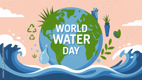 World water day illustration with earth waves recycling symbol plants and water droplets on a pink background