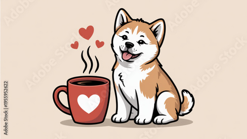 Cute dog sitting with steaming heart coffee mug hearts around smiling
