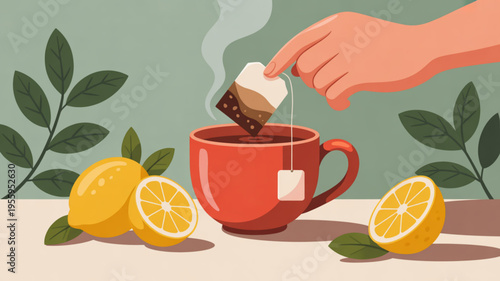 Hand adding tea bag to red mug with lemons and leaves on table for hot drink