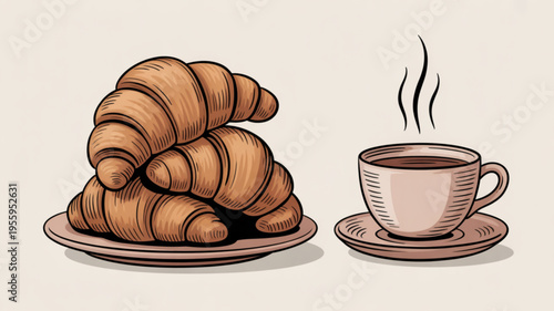 Delicious breakfast scene with stacked croissants on a plate and a steaming cup of coffee on a saucer