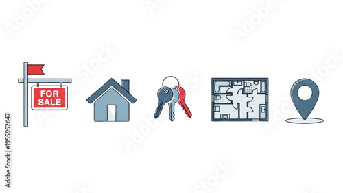 Real Estate Icon Set, Minimal Vector Line Art, For Sale Sign, House Silhouette, Property Keys, Floor Plan, Location Pin, Home Rental, Digital Icons