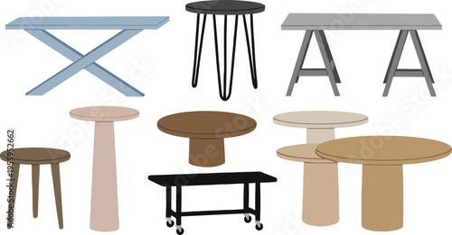 Vector illustration set of nine modern minimalist tables including round side tables rectangular desks coffee tables and workbenches for interior design and furniture catalogs