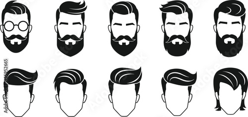 Vector illustration set of modern men hairstyles and beards including pompadours undercuts and facial hair styles for barber shop grooming and masculine fashion branding