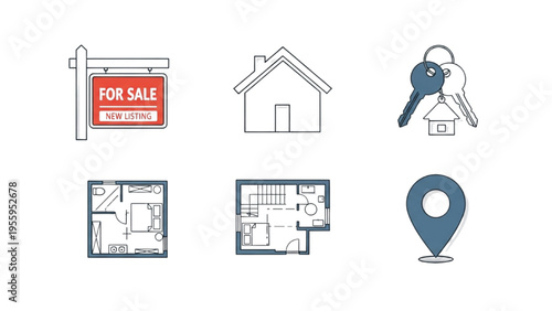 Real Estate Icon Set, Minimal Vector Line Art, For Sale Sign, House Silhouette, Property Keys, Floor Plan, Location Pin, Home Rental, Digital Icons