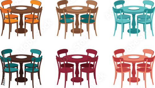 Vector illustration set of six colorful dining room furniture sets with round wooden tables and four chairs for cafe restaurant and home interior designs