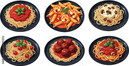 Vector illustration set of six different pasta dishes on black plates including spaghetti with tomato sauce meatballs penne with shrimp and mushroom linguine