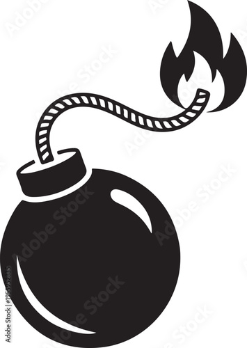 Classic round black bomb icon with lit fuse burning flame explosive hazard military weapon countdown concept flat silhouette vector design