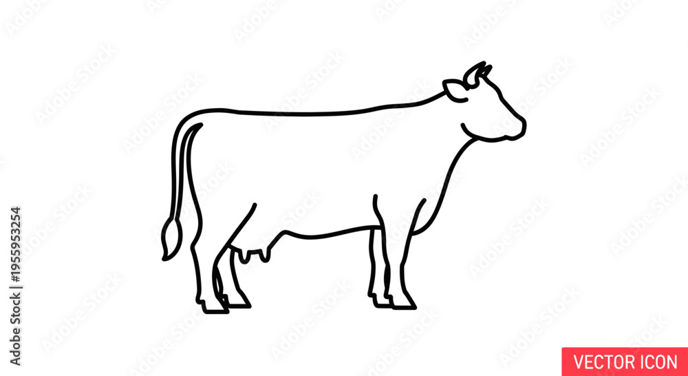 Fototapeta premium Simple Line Art Icon of a Cow Standing Side View, Vector Illustration