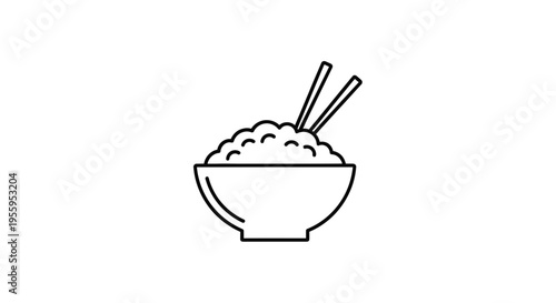 Simple Line Art Icon of a Bowl of Rice with Chopsticks