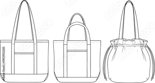 Vector line art illustration of three women tote bags including canvas shopper bags and a drawstring bucket bag for fashion branding and retail design