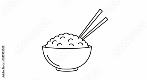 Simple Line Art Icon of a Bowl of Rice with Chopsticks