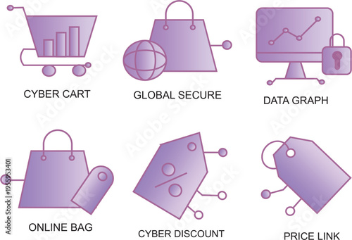 Set of 6 purple gradient cyber cart icons for online shopping, global commerce, data analysis, discounts, and pricing