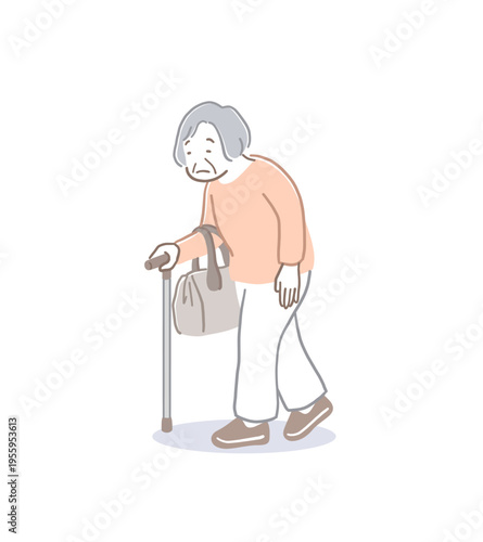 杖をついて歩く腰が曲がったおばあちゃんのイラスト素材