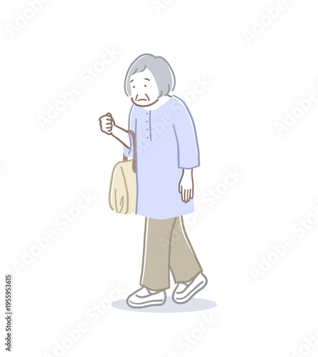 猫背の姿勢で歩くシニア女性のイラスト素材