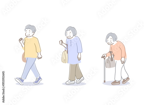 高齢女性の歩き方の姿勢比較イラストセット