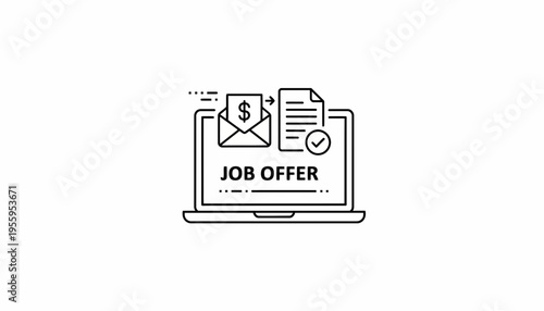 Laptop displaying job offer with envelope and dollar sign, symbolizing online employment and recruitment