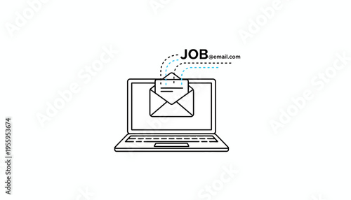 Laptop with email icon and job search website on screen, online job application concept
