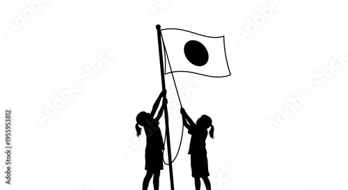 Two people raising a japanese flag together in unity and cooperation.