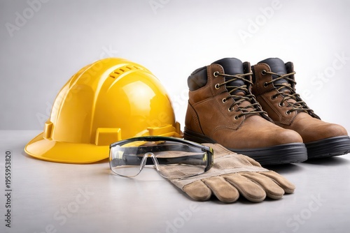 Construction safety gear set with yellow hard hat, work gloves, and protective goggles on white background