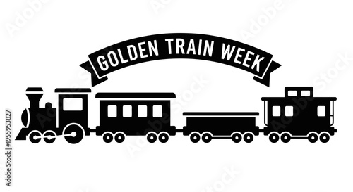 Vintage black silhouette of a train with golden train week banner above it.