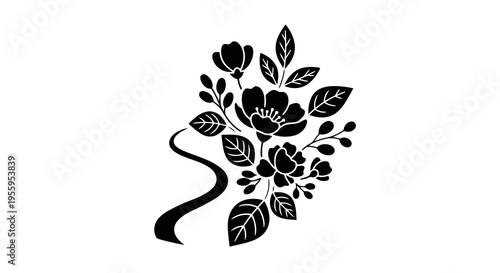 A simple black and white illustration of a bouquet of flowers