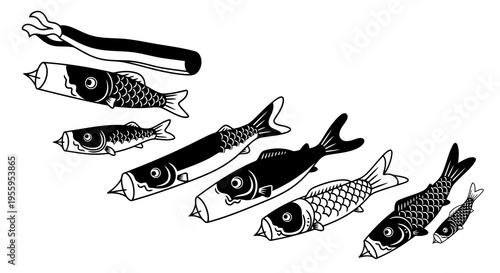 A school of fish swimming together in a coordinated manner with varying patterns.