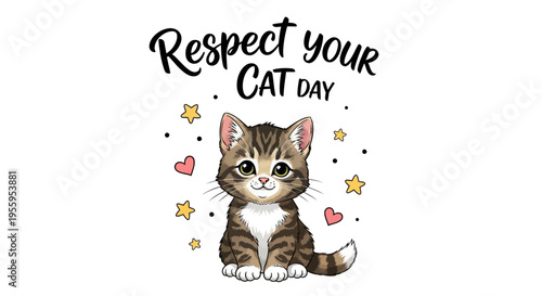 Illustration of a cute tabby cat surrounded by hearts and stars on Respect Your Cat Day with a colorful design