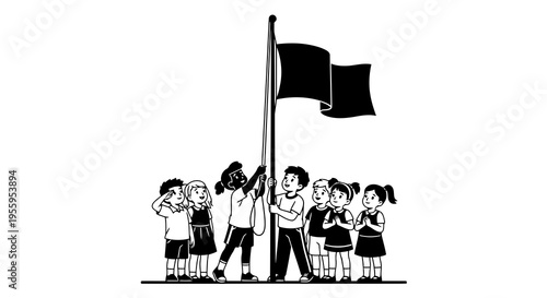 Group of children gathered around a flagpole with two black flags