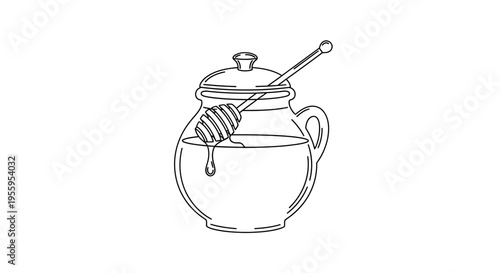 Hand-drawn illustration of a honey pot with a dipper, dripping honey, white background