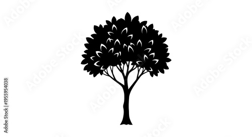 A simple black silhouette of a tree with leaves on a white background.