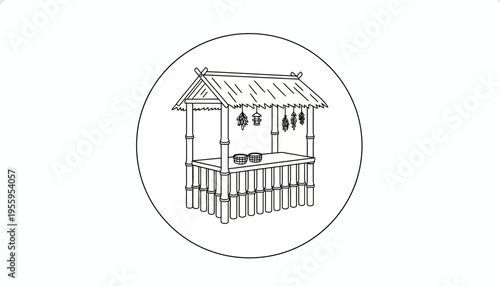 Hand-drawn illustration of a traditional market stall with thatched roof and bamboo structure.