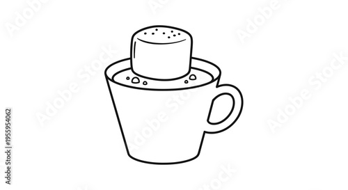 Hand-drawn marshmallow floating on hot chocolate in a mug, simple line art illustration.