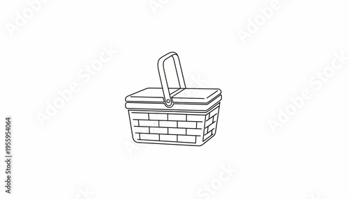 Hand-drawn picnic basket with lid and handle, isolated on white background.