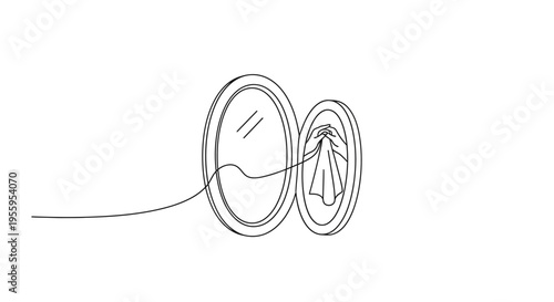 Hand-drawn sketch of a mirror reflecting a crumpled cloth, minimalist line art