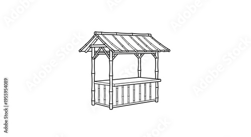 Hand-drawn sketch of a traditional bamboo market stall with a thatched roof