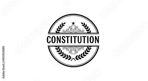 A circular emblem featuring the word constitution surrounded by laurel wreaths