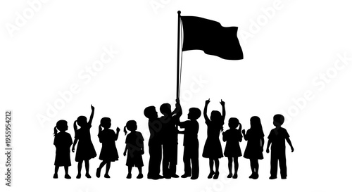 Group of people standing together raising a flag in unity and celebration.