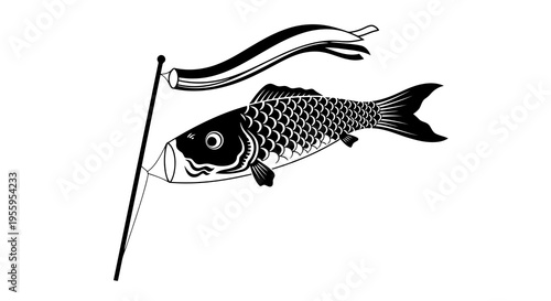 Ancient illustration of a fish on a spear with ribbon