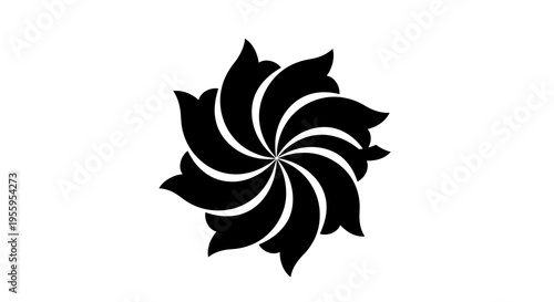 A stylized black flower emblem on a white background appears to be a logo or icon.